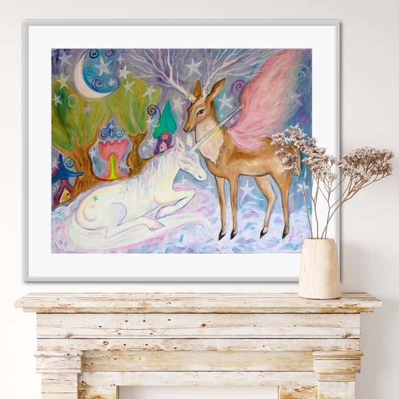 Land Whimsy Art Print unicorn fantasy fairytale castle enchanted trees moon star - Picture 5 of 7